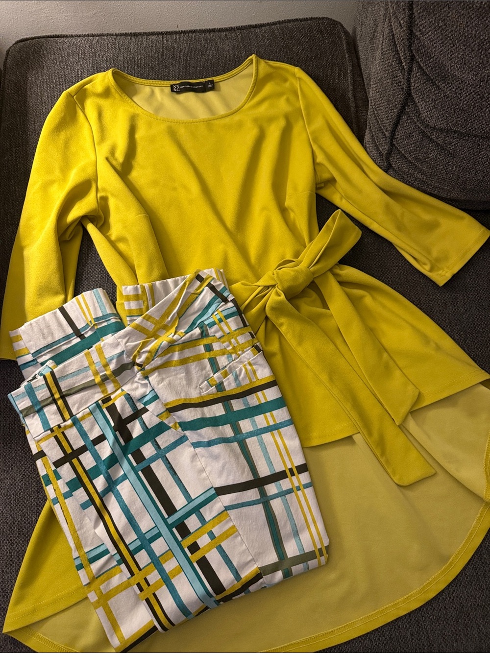 New York & Company Chartreuse High-Low Tie-Waist Top with Matching Capris